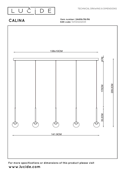 Lucide CALINA - Lámpara colgante - LED Regul. - CCT - 5x8,2W 2200K/3300K - Con módulo LED reemplazable - Café - Premium - técnico